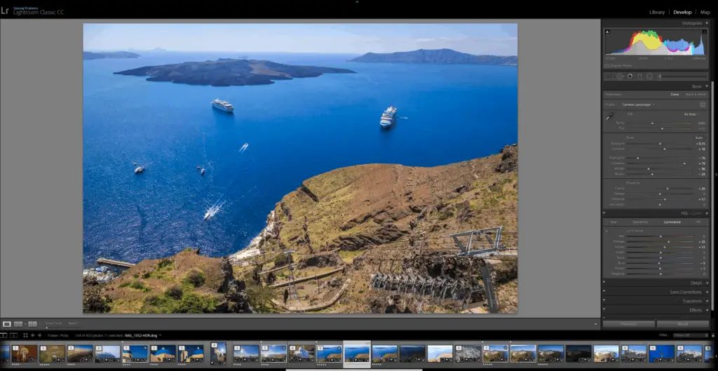 Lightroom develop module settings for the Fira cable car photo