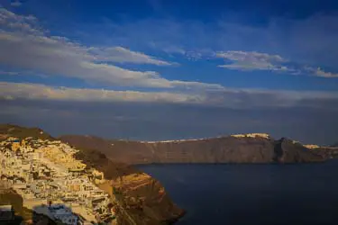 This is the view looking back towards Imerovigli and Fira from the end of the caldera at Oia just before the sun sets on another day in Santorini