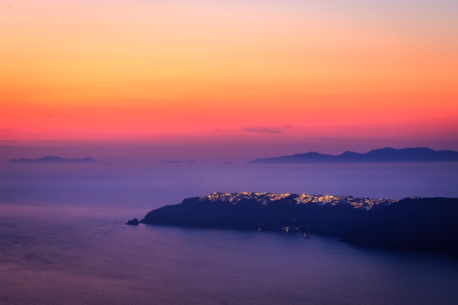 Oia after the sun has set viewed from Imerovigli