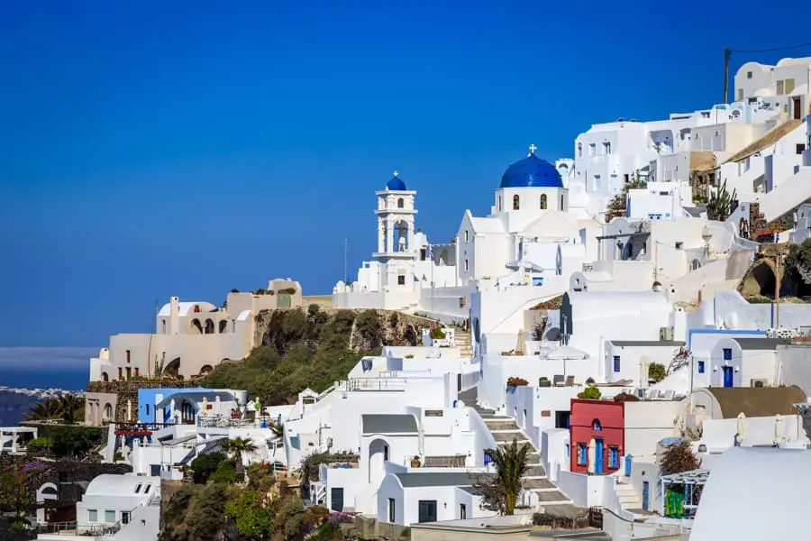 The white buildings and blue roofs of Santorini