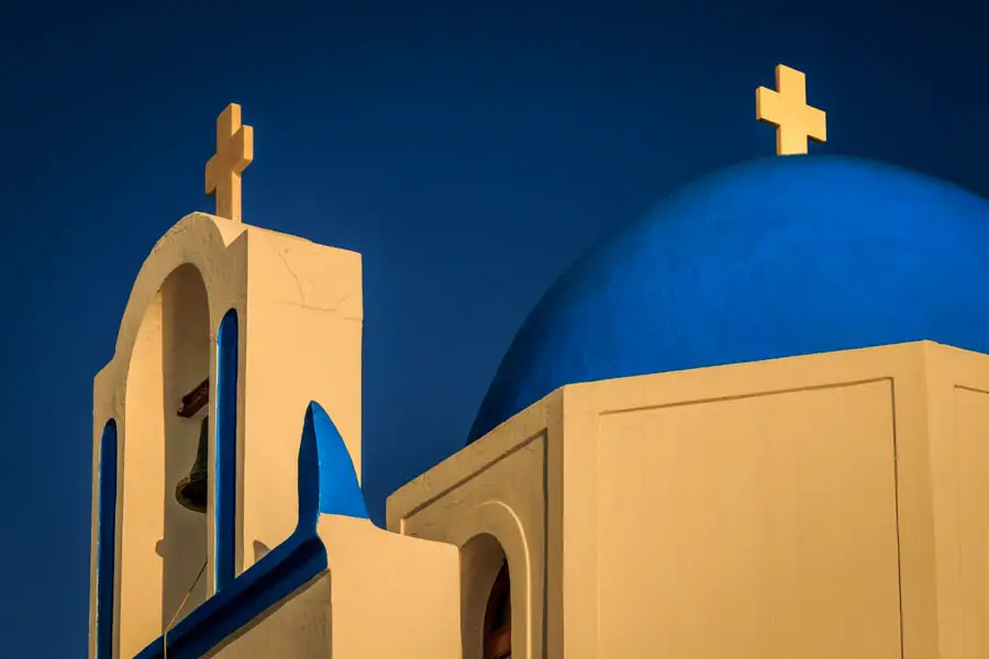 The two crosses of the blue domed roof of the Greek Church Ekkli